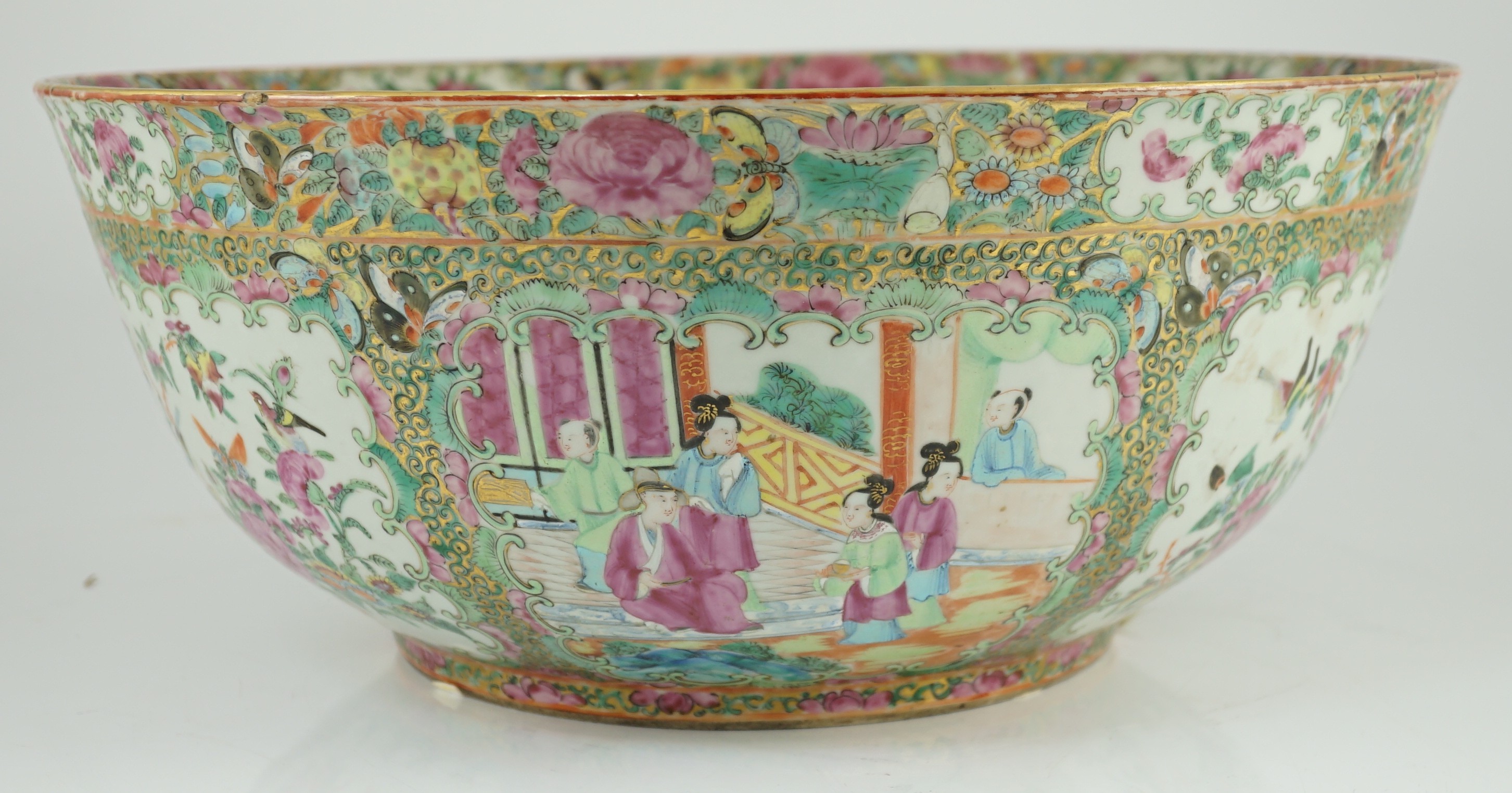 A large Chinese Canton (Guangzhou) decorated famille rose bowl, c.1830-50, 39.2cm diameter